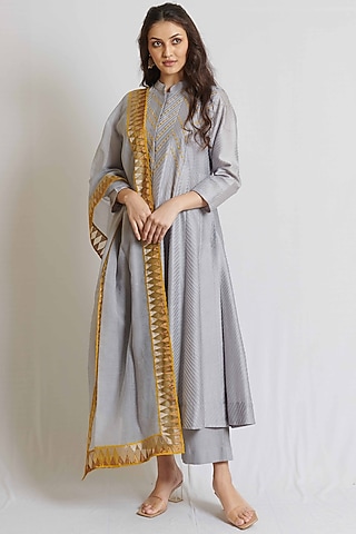 Grey Chanderi Embroidered Long Kurta Set by BRIJ