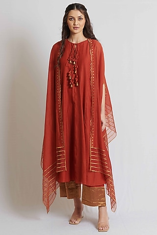 Rust Chanderi Embroidered Kalidar Kurta Set by BRIJ