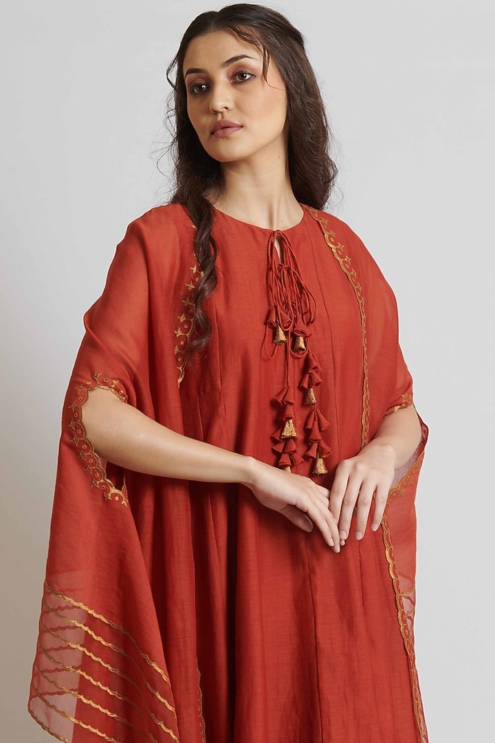 Rust Chanderi Embroidered Kalidar Kurta Set by BRIJ at Pernia's Pop Up Shop
