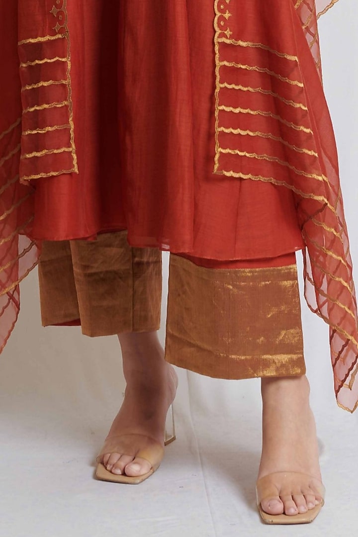 Rust Chanderi Embroidered Kalidar Kurta Set by BRIJ at Pernia's Pop Up Shop
