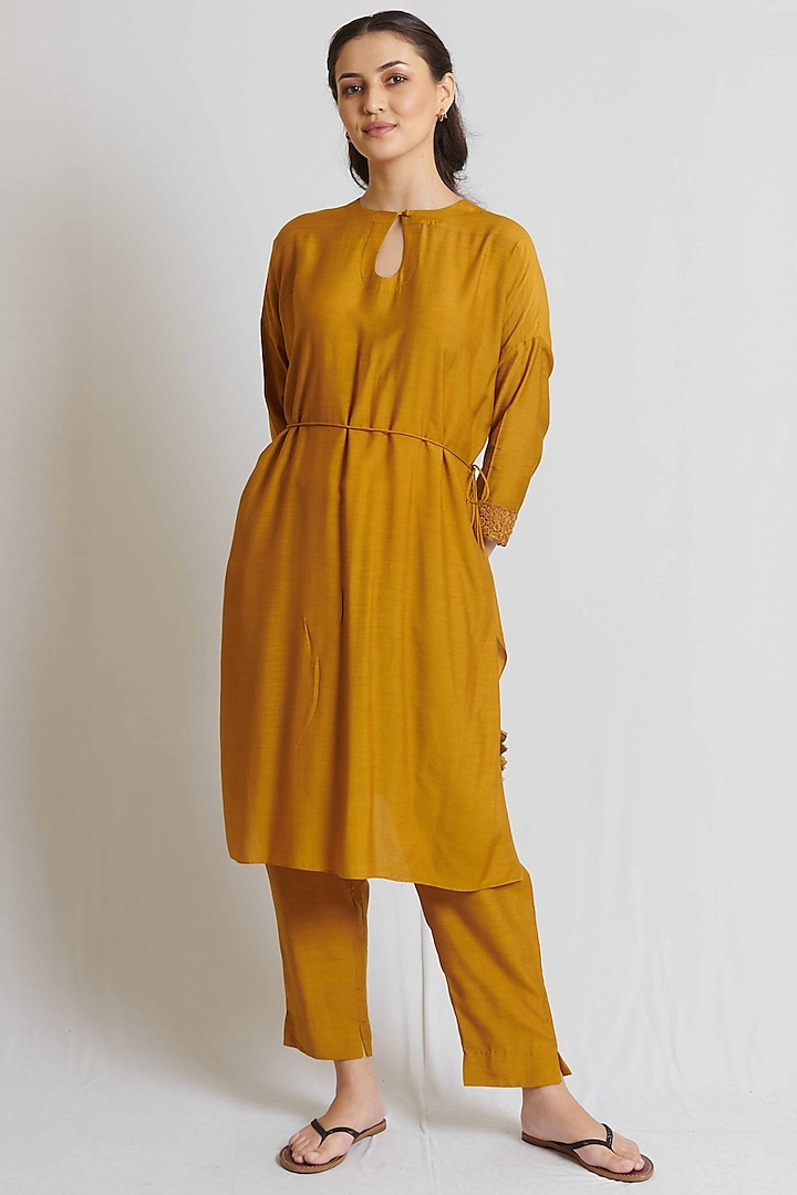 Mustard Yellow Spun Silk Embroidered Tunic Set by BRIJ at Pernia's Pop Up Shop