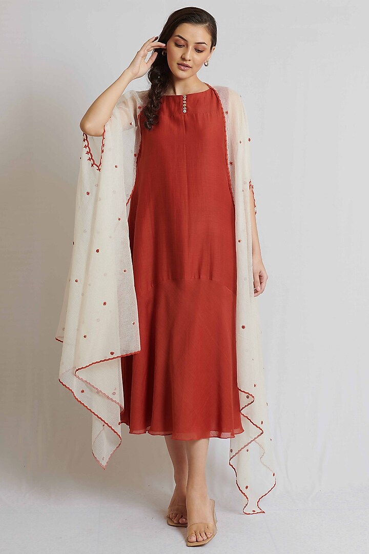 Rust Kora Chanderi & Kota Cotton Embroidered Jacket Dress by BRIJ