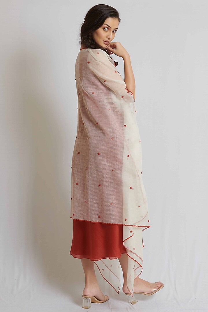 Rust Kora Chanderi & Kota Cotton Embroidered Jacket Vacation Dress by BRIJ at Pernia's Pop Up Shop