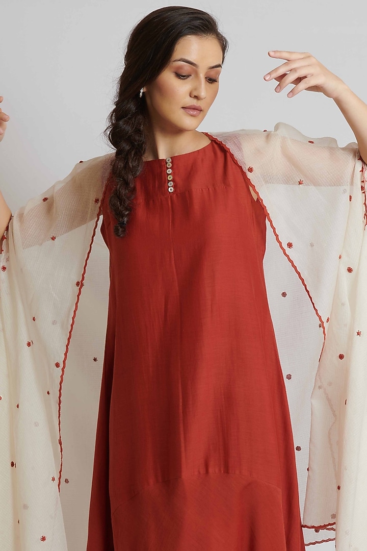 Rust Kora Chanderi & Kota Cotton Embroidered Jacket Vacation Dress by BRIJ at Pernia's Pop Up Shop