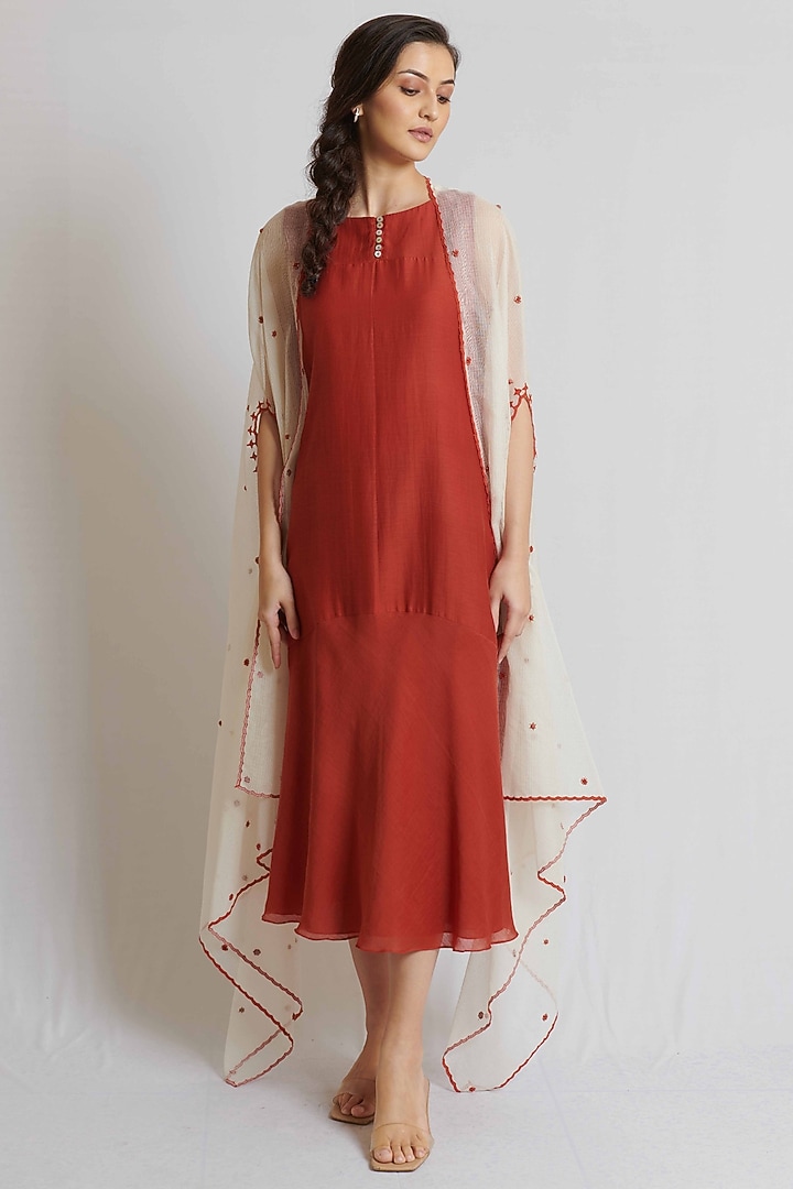 Rust Kora Chanderi & Kota Cotton Embroidered Jacket Vacation Dress by BRIJ at Pernia's Pop Up Shop