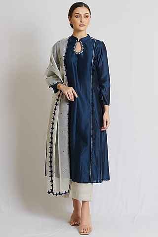 Indigo Blue Chanderi Embroidered Kurta Set by BRIJ