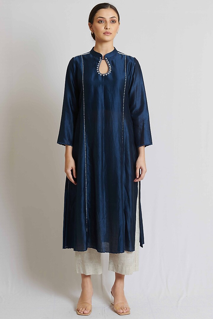 Indigo Blue Chanderi Embroidered Kurta Set by BRIJ at Pernia's Pop Up Shop