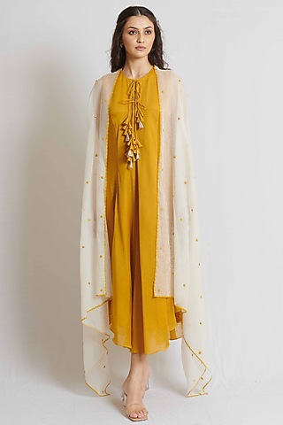 Mustard Yellow Kora Chanderi & Kota Cotton Embroidered Jacket Dress by BRIJ