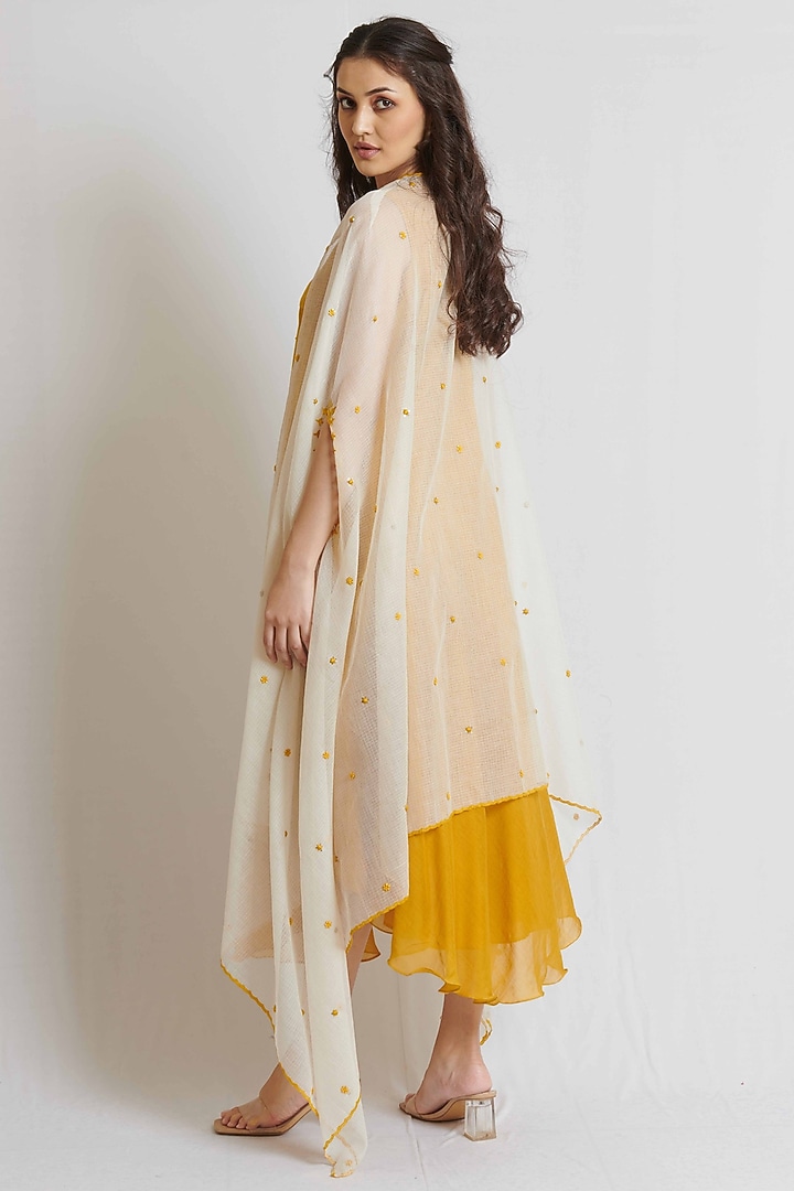 Mustard Yellow Kora Chanderi & Kota Cotton Embroidered Jacket Vacation Dress by BRIJ at Pernia's Pop Up Shop