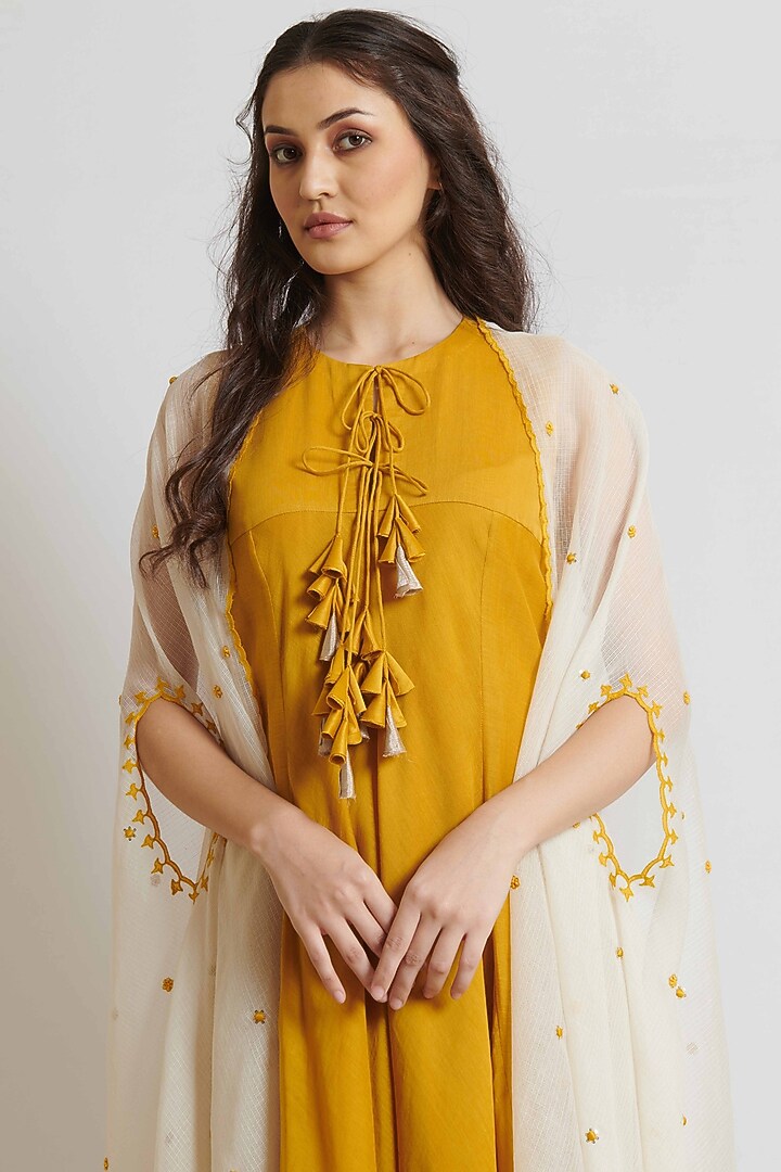 Mustard Yellow Kora Chanderi & Kota Cotton Embroidered Jacket Vacation Dress by BRIJ at Pernia's Pop Up Shop