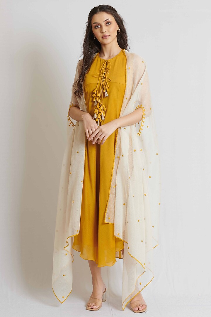Mustard Yellow Kora Chanderi & Kota Cotton Embroidered Jacket Vacation Dress by BRIJ at Pernia's Pop Up Shop
