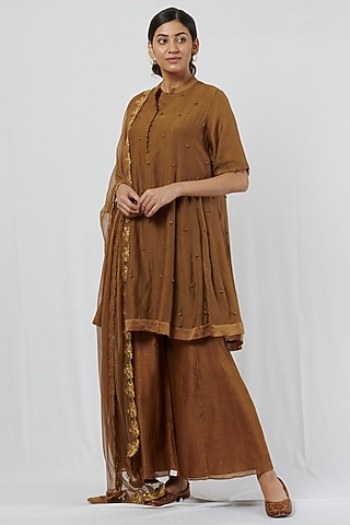 Gold Champagne Kora Chanderi Kurta Set by BRIJ