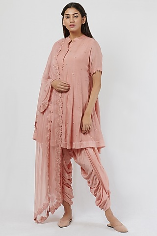 Vintage Pink Kora Chanderi Embroidered Kurta Set by BRIJ