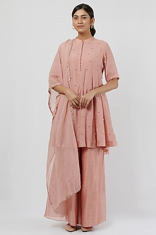 Vintage Pink Kora Chanderi Embroidered Kurta Set by BRIJ