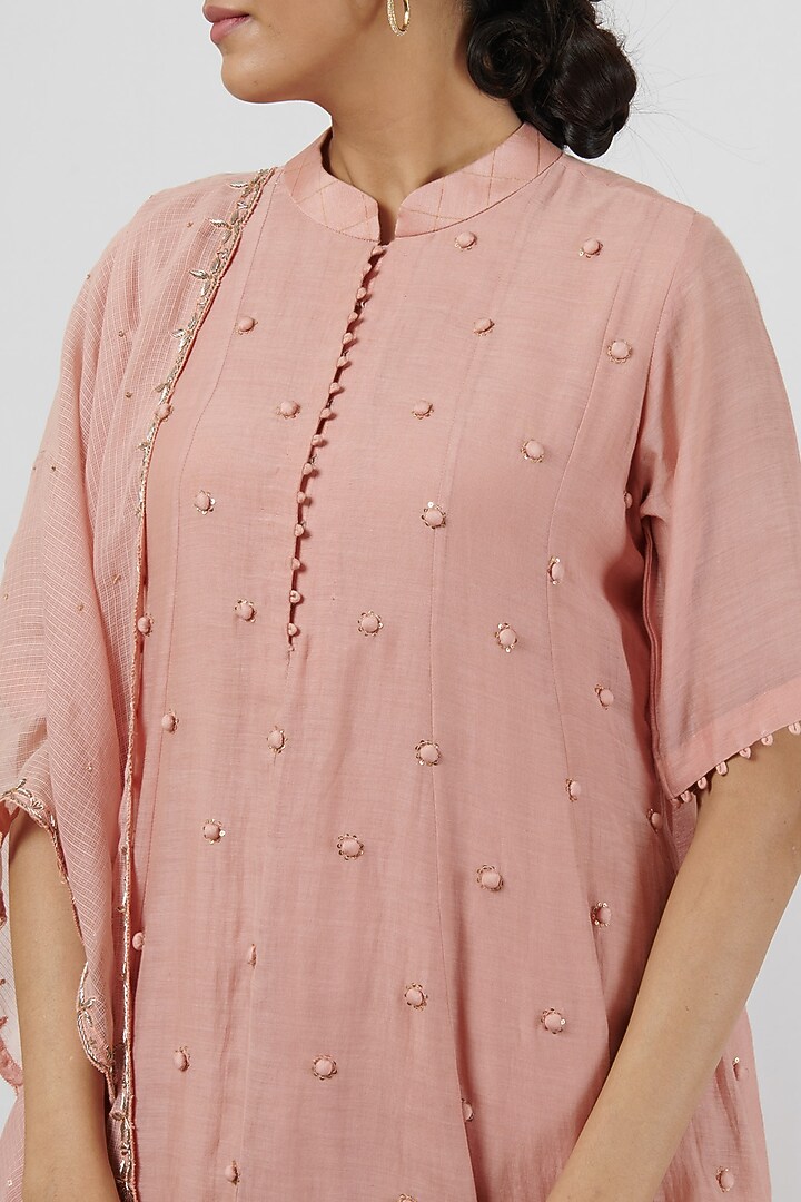Vintage Pink Kora Chanderi Embroidered Kurta Set by BRIJ at Pernia's Pop Up Shop