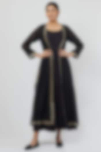 Black Chanderi Embroidered Jacket Set by BRIJ