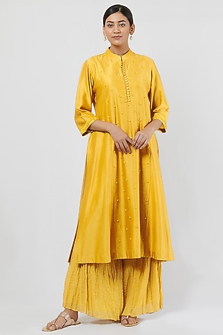 Yellow Chanderi Embroidered Kurta Set by BRIJ