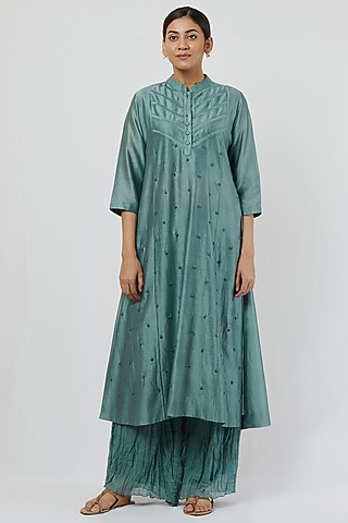 Turkish Blue Chanderi Embroidered Kurta Set by BRIJ