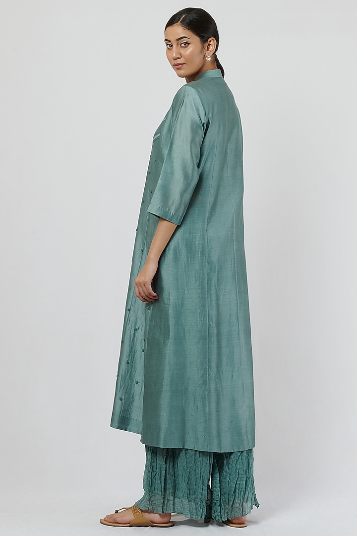 Turkish Blue Chanderi Embroidered Kurta Set by BRIJ at Pernia's Pop Up Shop