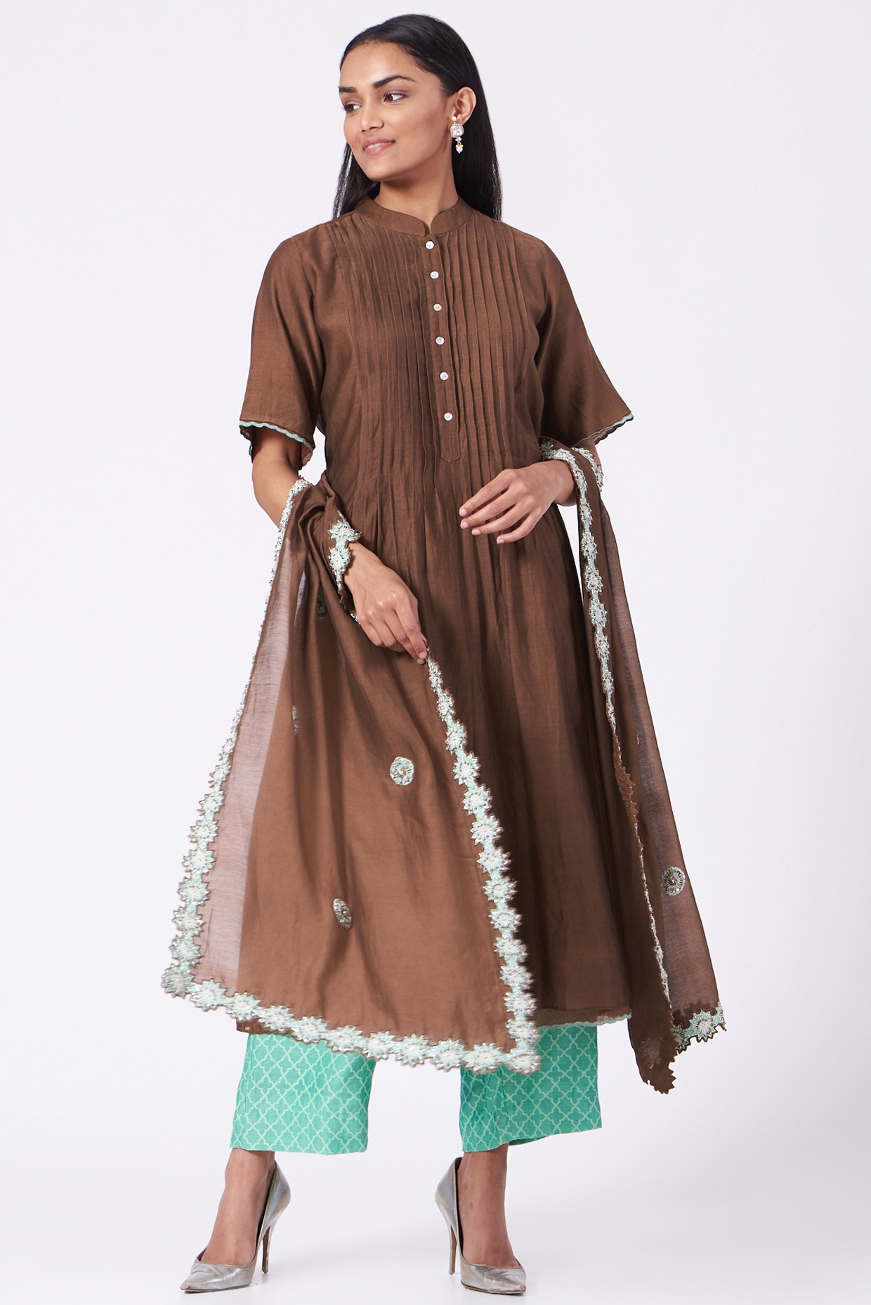 Brown Pleated Kurta Set by BRIJ