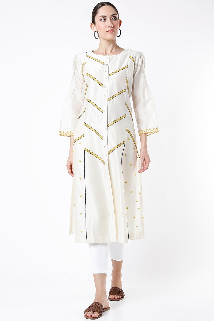 Ivory Chanderi Silk Striped Kurta by BRIJ