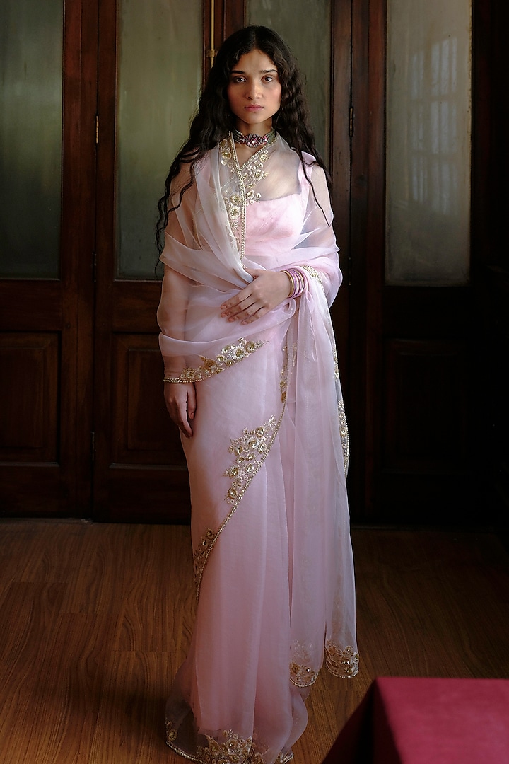 Pink Silk Organza Pearl Embellished Saree Set by Bruhi pant at Pernia's Pop Up Shop