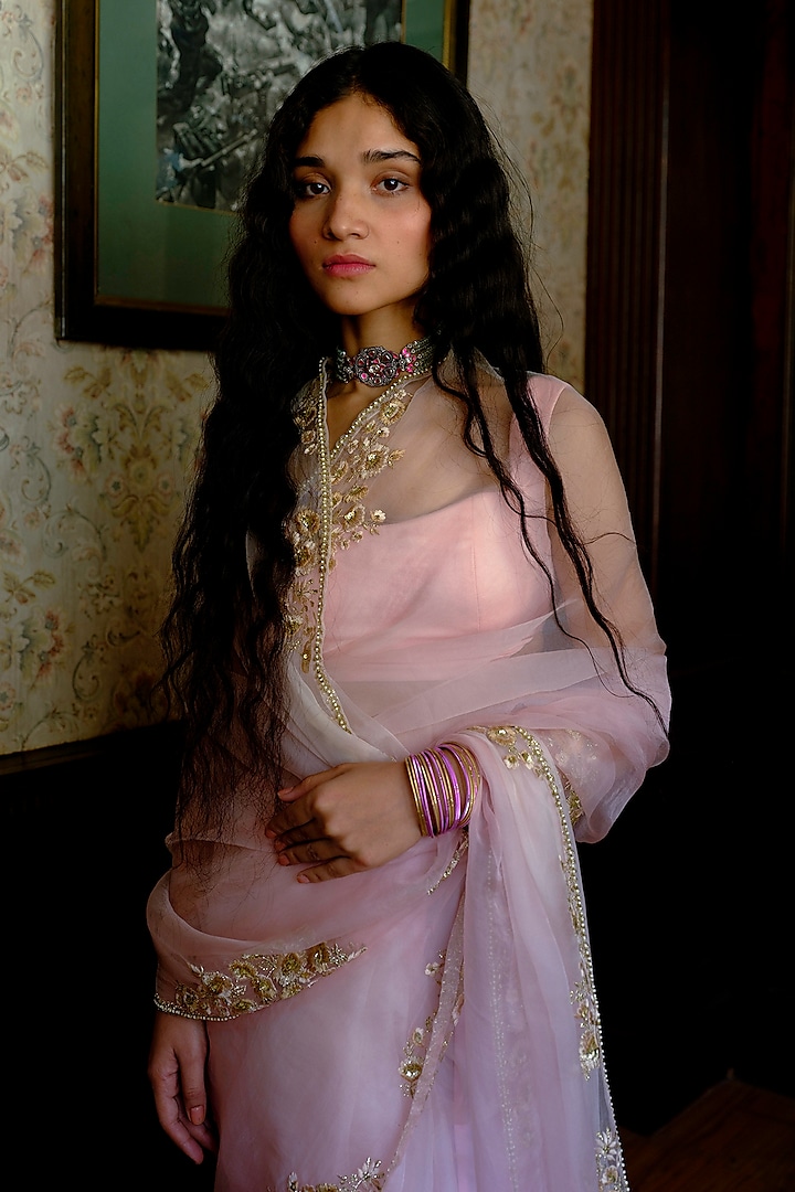Pink Silk Organza Pearl Embellished Wedding Saree Set by Bruhi pant at Pernia's Pop Up Shop