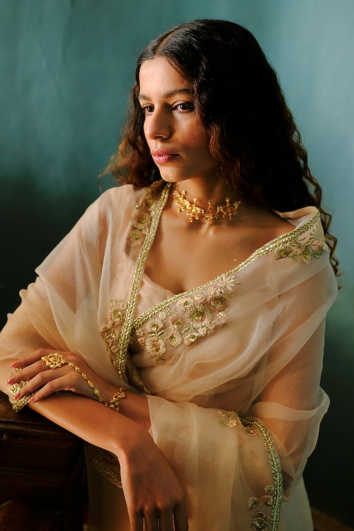 Peach Silk Organza Pearl Embellished Wedding Saree Set by Bruhi pant at Pernia's Pop Up Shop