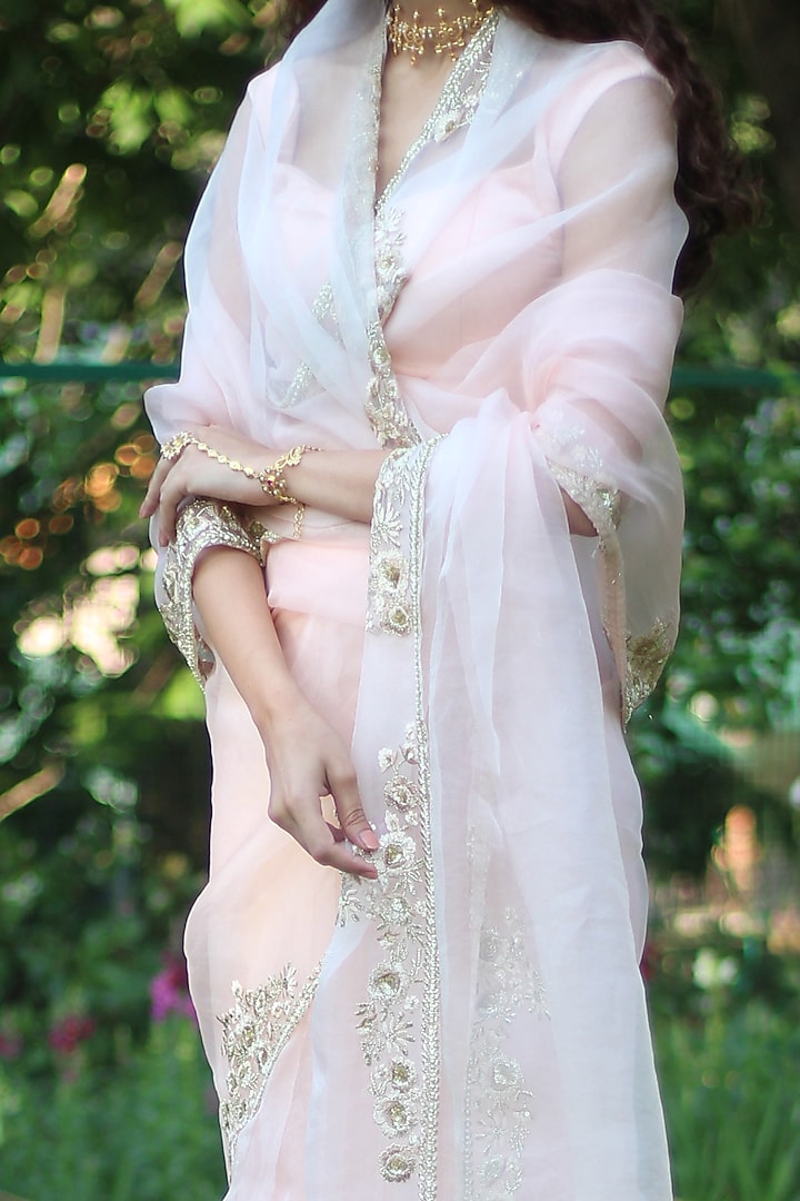 Peach Silk Organza Pearl Embellished Wedding Saree Set by Bruhi pant at Pernia's Pop Up Shop
