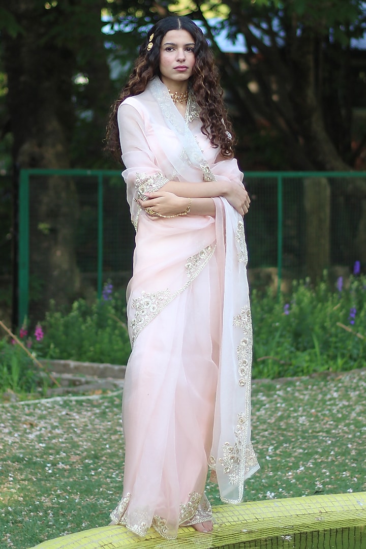Peach Silk Organza Pearl Embellished Wedding Saree Set by Bruhi pant at Pernia's Pop Up Shop