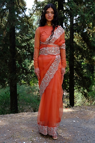 Rust Orange Silk Organza Sequins Work Saree Set by Bruhi pant
