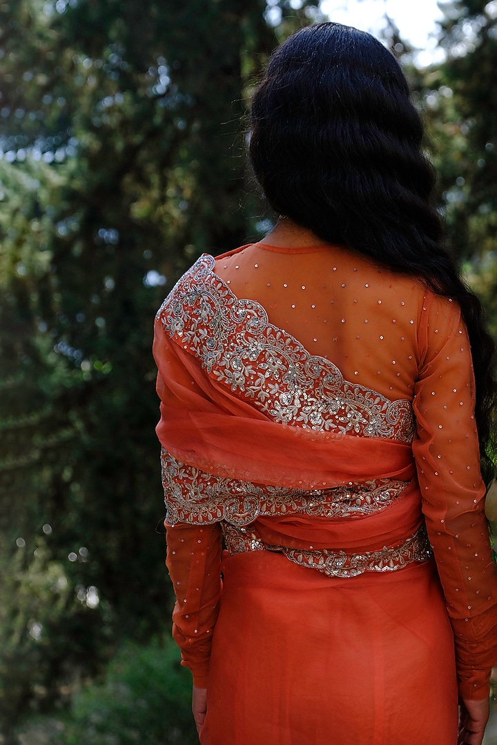Rust Orange Silk Organza Sequins Work Wedding Saree Set by Bruhi pant at Pernia's Pop Up Shop