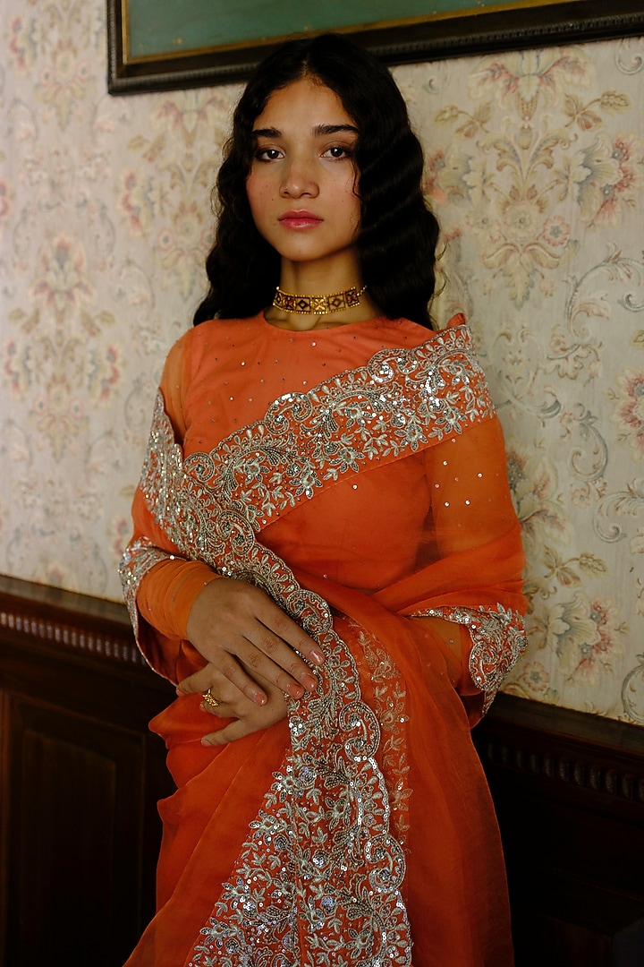 Rust Orange Silk Organza Sequins Work Wedding Saree Set by Bruhi pant at Pernia's Pop Up Shop