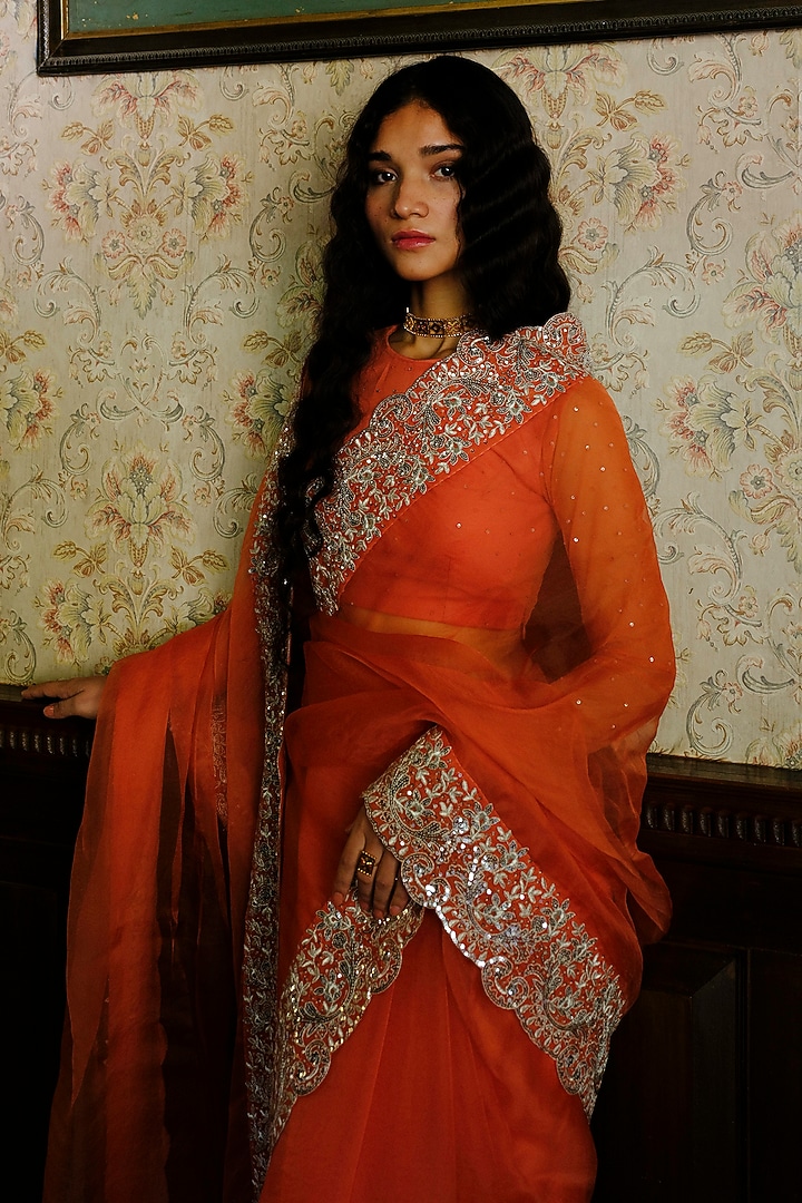 Rust Orange Silk Organza Sequins Work Wedding Saree Set by Bruhi pant at Pernia's Pop Up Shop