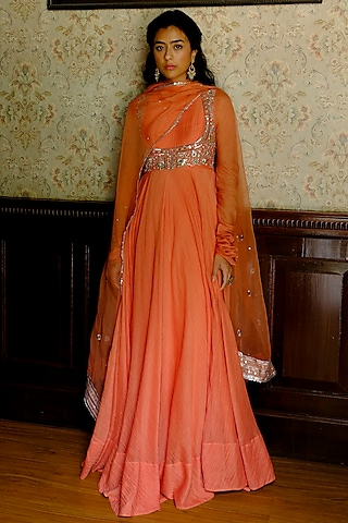 Orange Silk Chanderi Zardosi Embellished Kalidar Anarkali Set by Bruhi pant