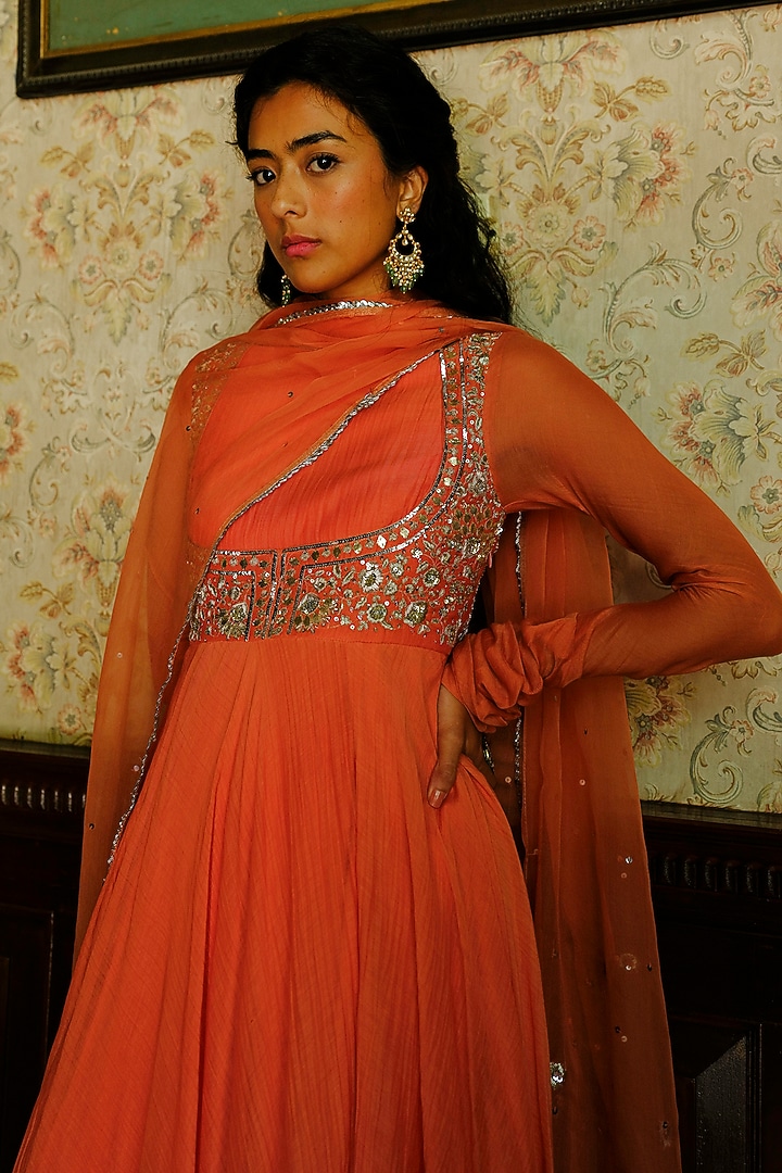 Orange Silk Chanderi Zardosi Embellished Kalidar Wedding Anarkali Set by Bruhi pant at Pernia's Pop Up Shop