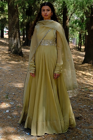 Green Silk Chanderi Zardosi Embellished Kalidar Anarkali Set by Bruhi pant