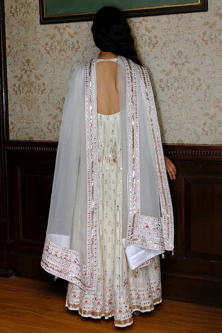 Ivory Silk Chanderi Gota Embroidered Kalidar Wedding Anarkali Set by Bruhi pant at Pernia's Pop Up Shop