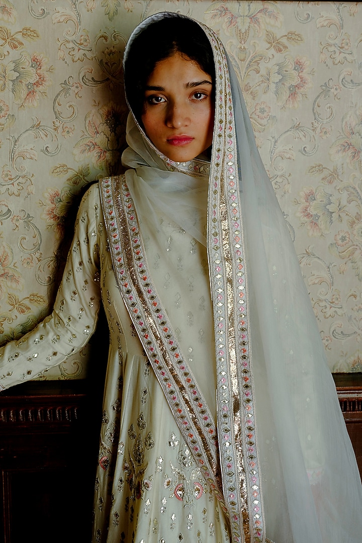Ivory Silk Chanderi Gota Embroidered Kalidar Wedding Anarkali Set by Bruhi pant at Pernia's Pop Up Shop