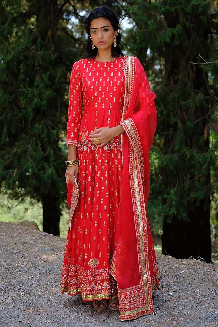 Red Silk Chanderi Gota Embroidered Kalidar Anarkali Set by Bruhi pant at Pernia's Pop Up Shop