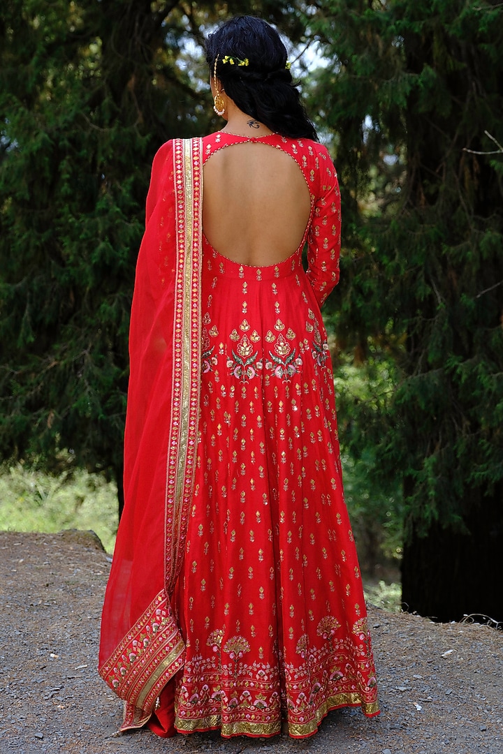 Red Silk Chanderi Gota Embroidered Kalidar Wedding Anarkali Set by Bruhi pant at Pernia's Pop Up Shop