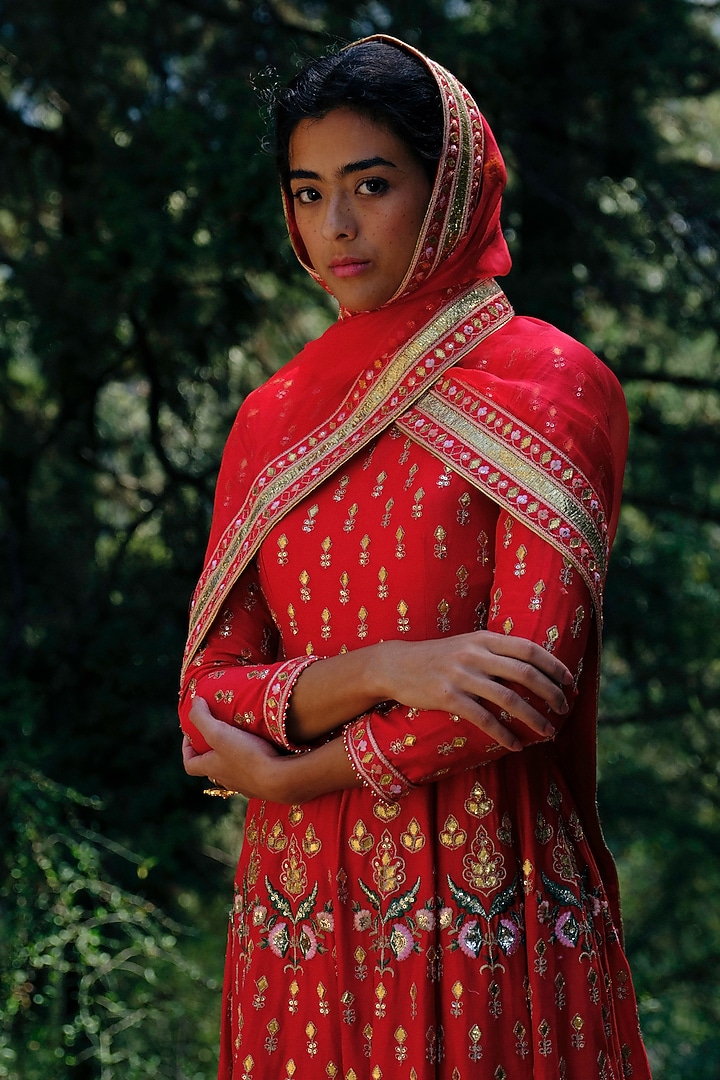 Red Silk Chanderi Gota Embroidered Kalidar Wedding Anarkali Set by Bruhi pant at Pernia's Pop Up Shop