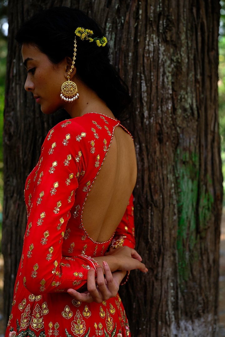 Red Silk Chanderi Gota Embroidered Kalidar Wedding Anarkali Set by Bruhi pant at Pernia's Pop Up Shop