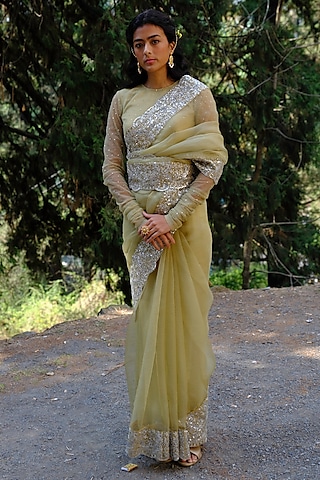 Green Silk Organza Sequins Embroidered Scalloped Saree Set by Bruhi pant