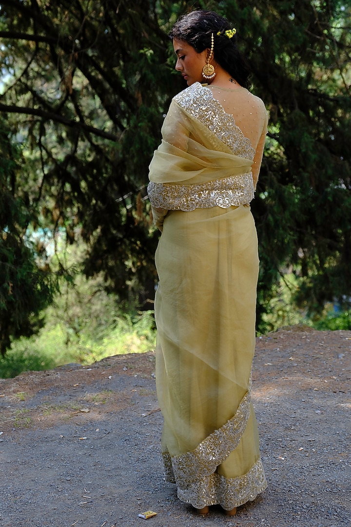 Green Silk Organza Sequins Embroidered Scalloped Wedding Saree Set by Bruhi pant at Pernia's Pop Up Shop