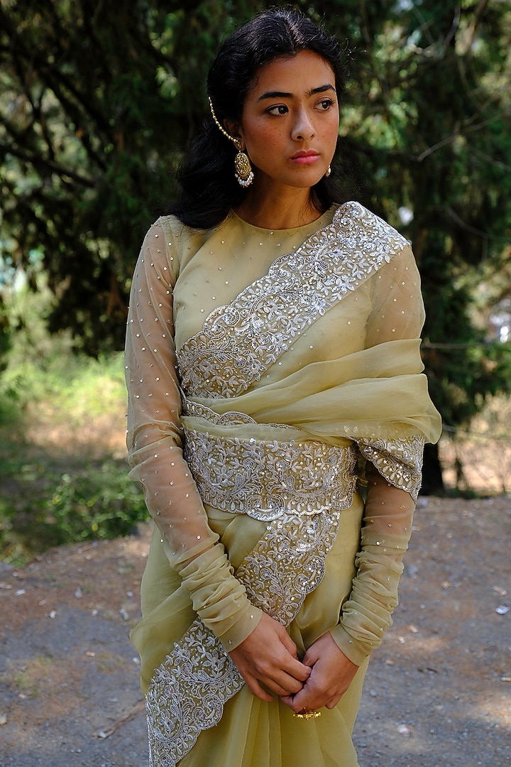 Green Silk Organza Sequins Embroidered Scalloped Wedding Saree Set by Bruhi pant at Pernia's Pop Up Shop