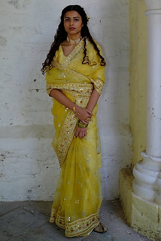 Yellow Silk Organza Resham Work Saree Set by Bruhi pant
