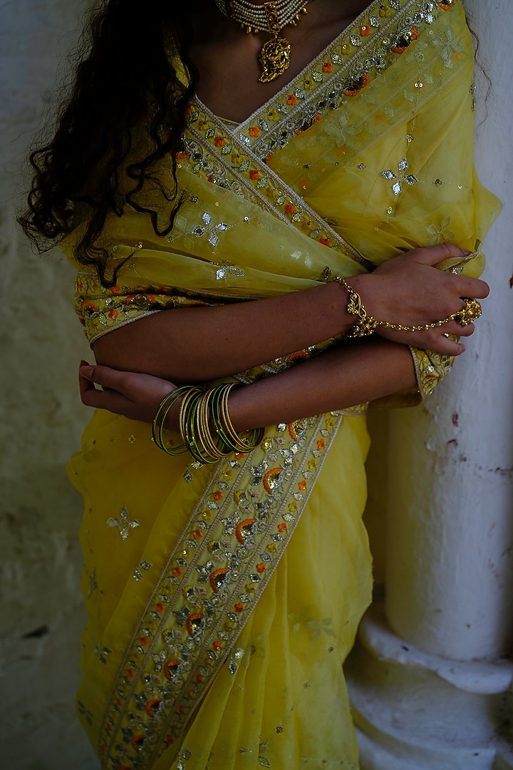 Yellow Silk Organza Resham Work Wedding Saree Set by Bruhi pant at Pernia's Pop Up Shop