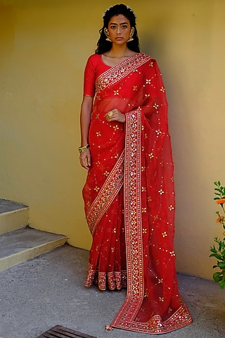 Red Silk Organza Gota Embroidered Saree Set by Bruhi pant