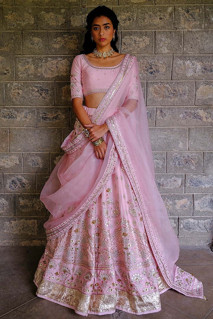 Pink Silk Chanderi Floral Motif Embroidered Wedding Lehenga Set by Bruhi pant at Pernia's Pop Up Shop